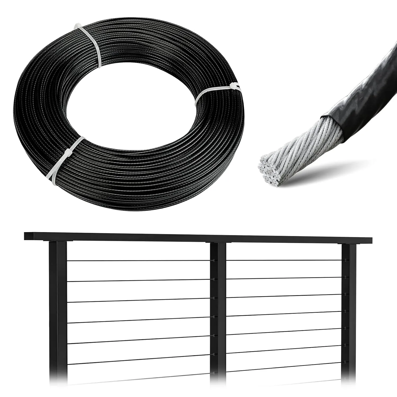 Muzata 300 ft Black Vinyl Coated Wire Rope 1/8" Overmolded to 3/16" 7x7 Strands Coated Stainless Steel Cable for 1/8" Black Cable Railing System Indoor Outdoor WR17