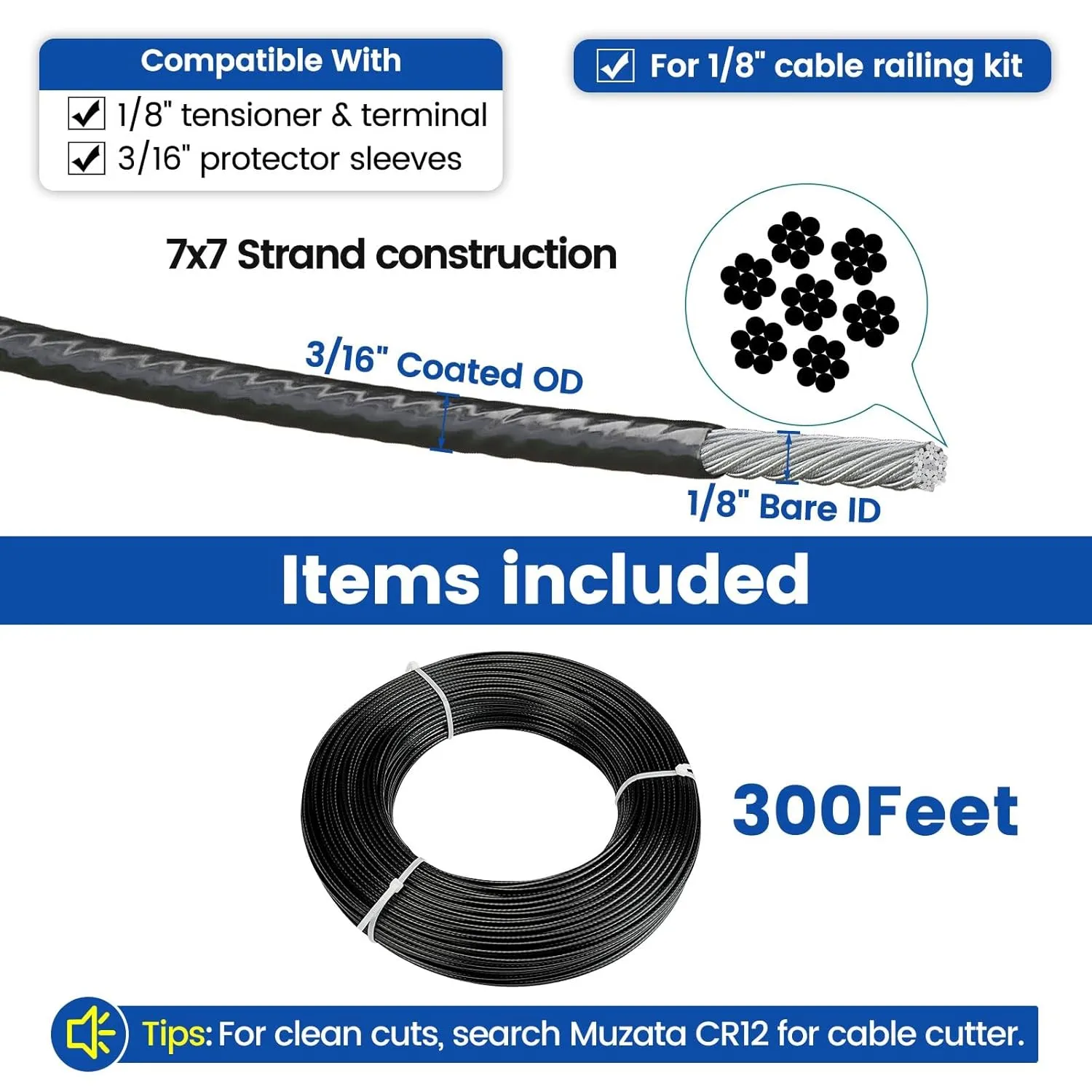 Muzata 300 ft Black Vinyl Coated Wire Rope 1/8" Overmolded to 3/16" 7x7 Strands Coated Stainless Steel Cable for 1/8" Black Cable Railing System Indoor Outdoor WR17