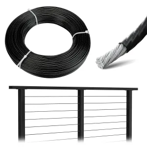 Muzata 300 ft Black Vinyl Coated Wire Rope 1/8" Overmolded to 3/16" 7x7 Strands Coated Stainless Steel Cable for 1/8" Black Cable Railing System Indoor Outdoor WR17