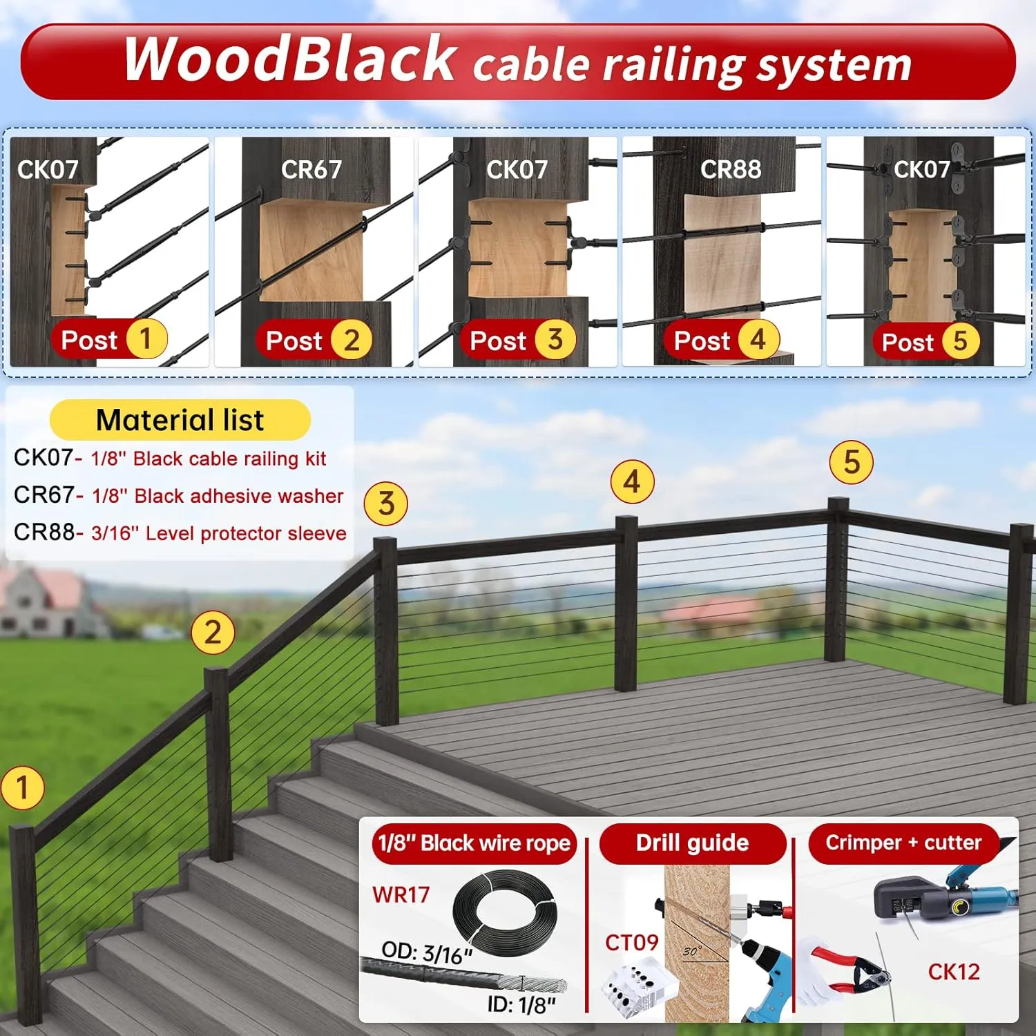 Muzata 300 ft Black Vinyl Coated Wire Rope 1/8" Overmolded to 3/16" 7x7 Strands Coated Stainless Steel Cable for 1/8" Black Cable Railing System Indoor Outdoor WR17