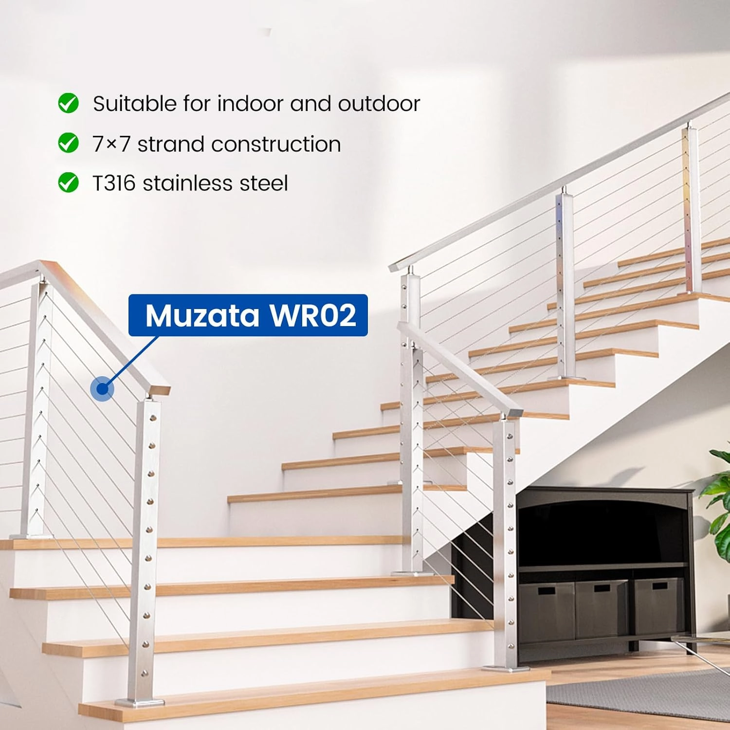 Muzata 200 ft 1/8" Stainless Steel Cable Railing System Hardware T316 Stainless Steel Wire Rope 7x7 1800 lb Breaking Strength Deck Cable Railing Kit with Wire Cutter for Indoor Outdoor Coastal WR02
