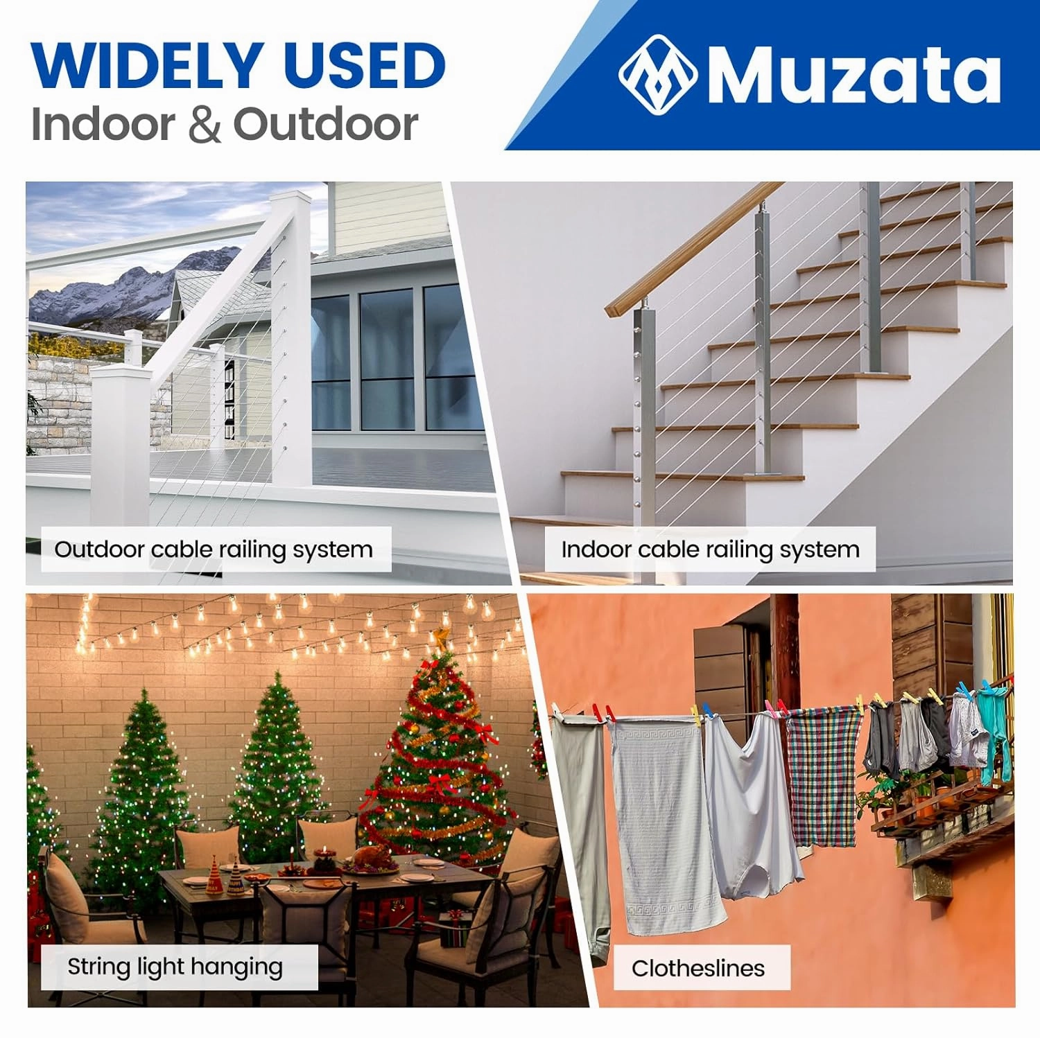 Muzata 200 ft 1/8" Stainless Steel Cable Railing System Hardware T316 Stainless Steel Wire Rope 7x7 1800 lb Breaking Strength Deck Cable Railing Kit with Wire Cutter for Indoor Outdoor Coastal WR02