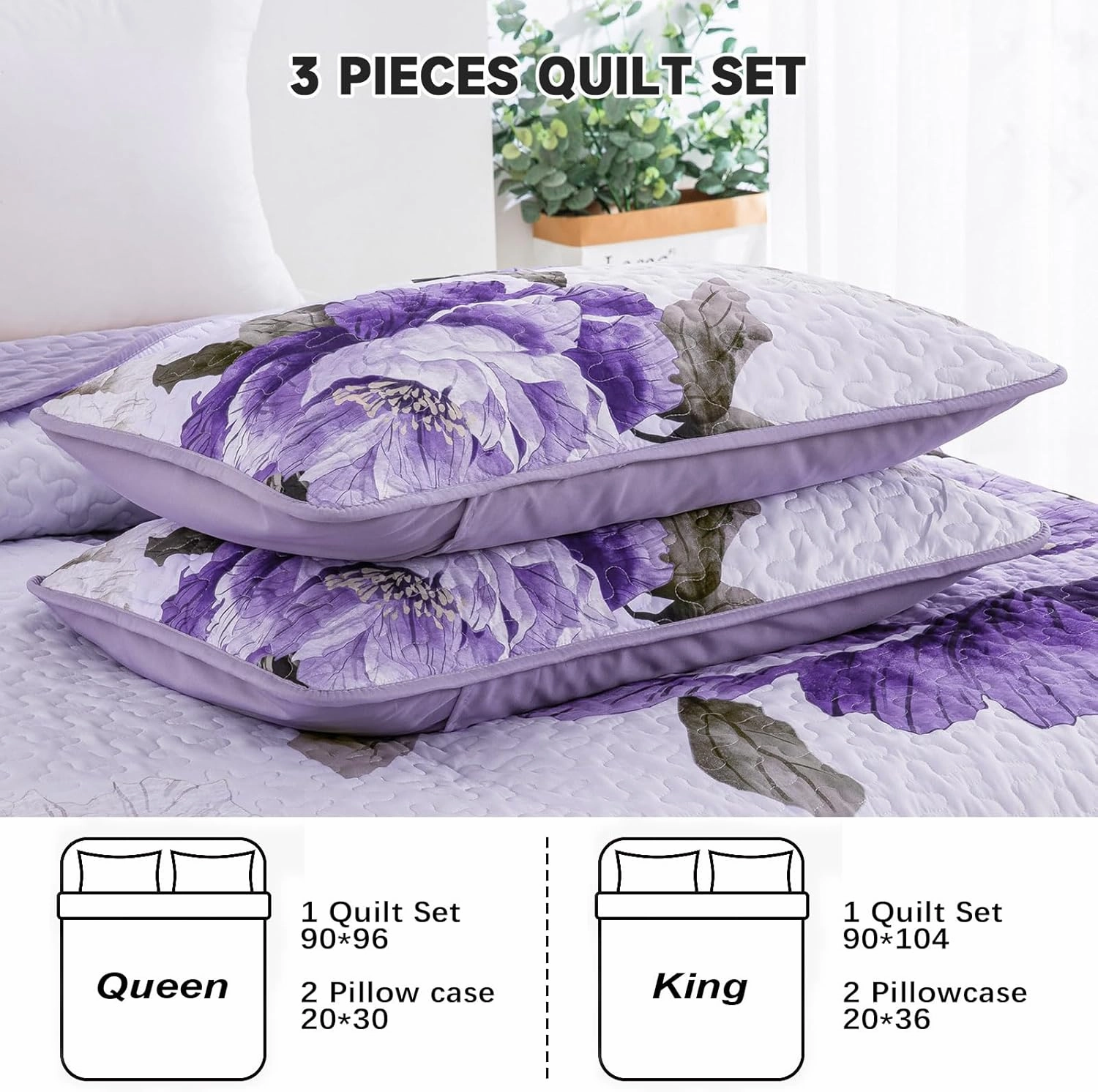 Mybedsoul Purple King Quilt 3 Pieces Boho Plaid Floral Quilts Set Patchwork Reversible Bedspread Coverlet Set Soft Microfiber Lightweight Bedding Set for All-Season(1 Quilt  2 Pillow Shams)
