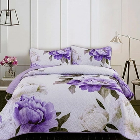Mybedsoul Purple King Quilt 3 Pieces Boho Plaid Floral Quilts Set Patchwork Reversible Bedspread Coverlet Set Soft Microfiber Lightweight Bedding Set for All-Season(1 Quilt  2 Pillow Shams)