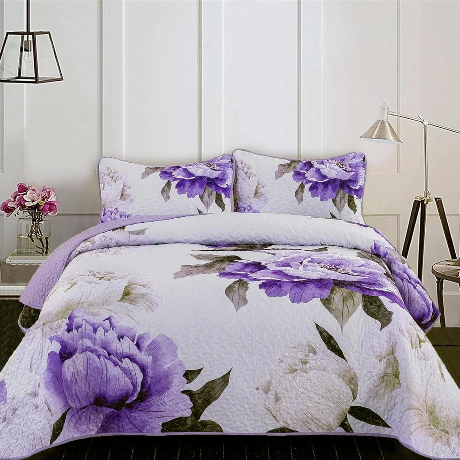 Mybedsoul Purple King Quilt 3 Pieces Boho Plaid Floral Quilts Set Patchwork Reversible Bedspread Coverlet Set Soft Microfiber Lightweight Bedding Set for All-Season(1 Quilt  2 Pillow Shams)