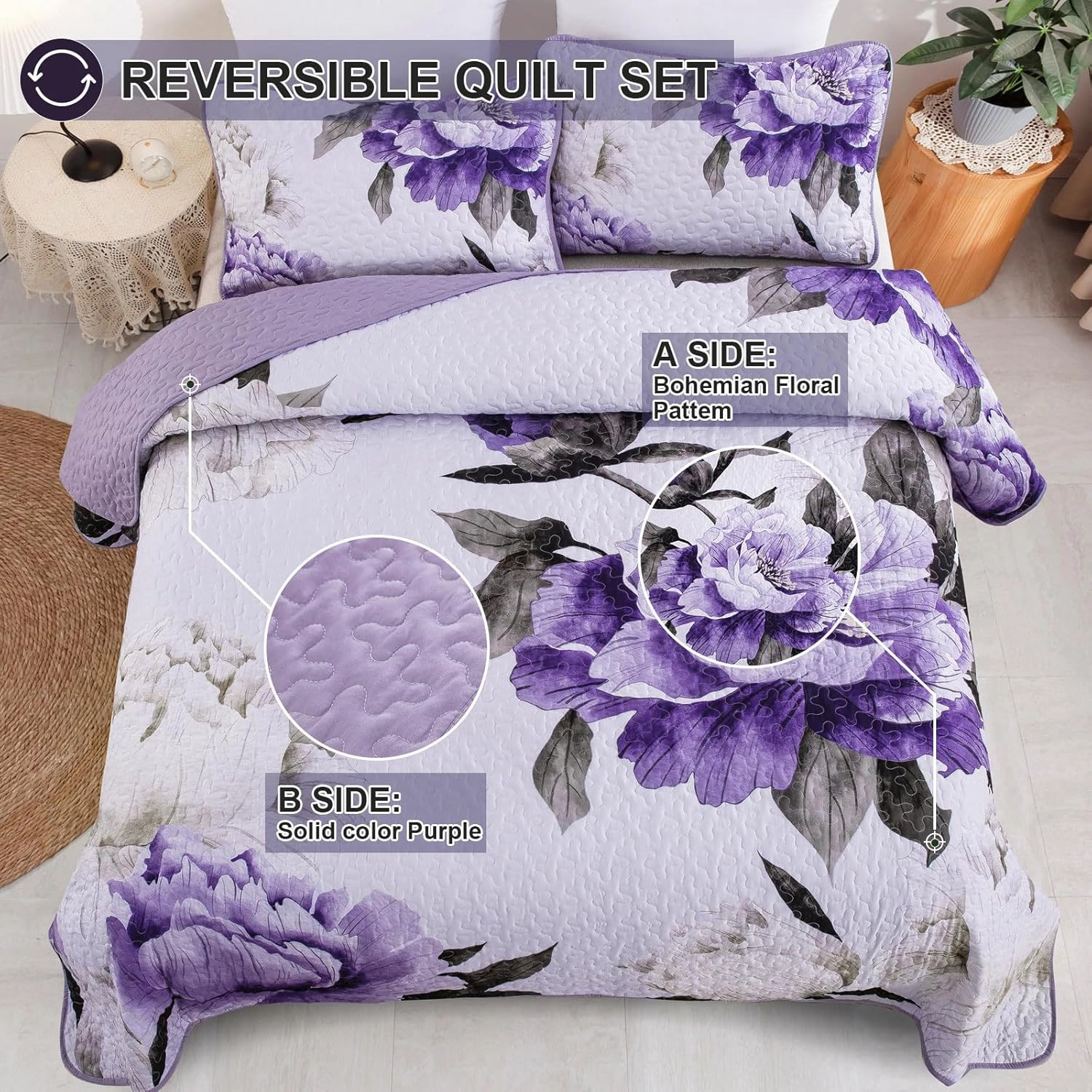 Mybedsoul Purple King Quilt 3 Pieces Boho Plaid Floral Quilts Set Patchwork Reversible Bedspread Coverlet Set Soft Microfiber Lightweight Bedding Set for All-Season(1 Quilt  2 Pillow Shams)