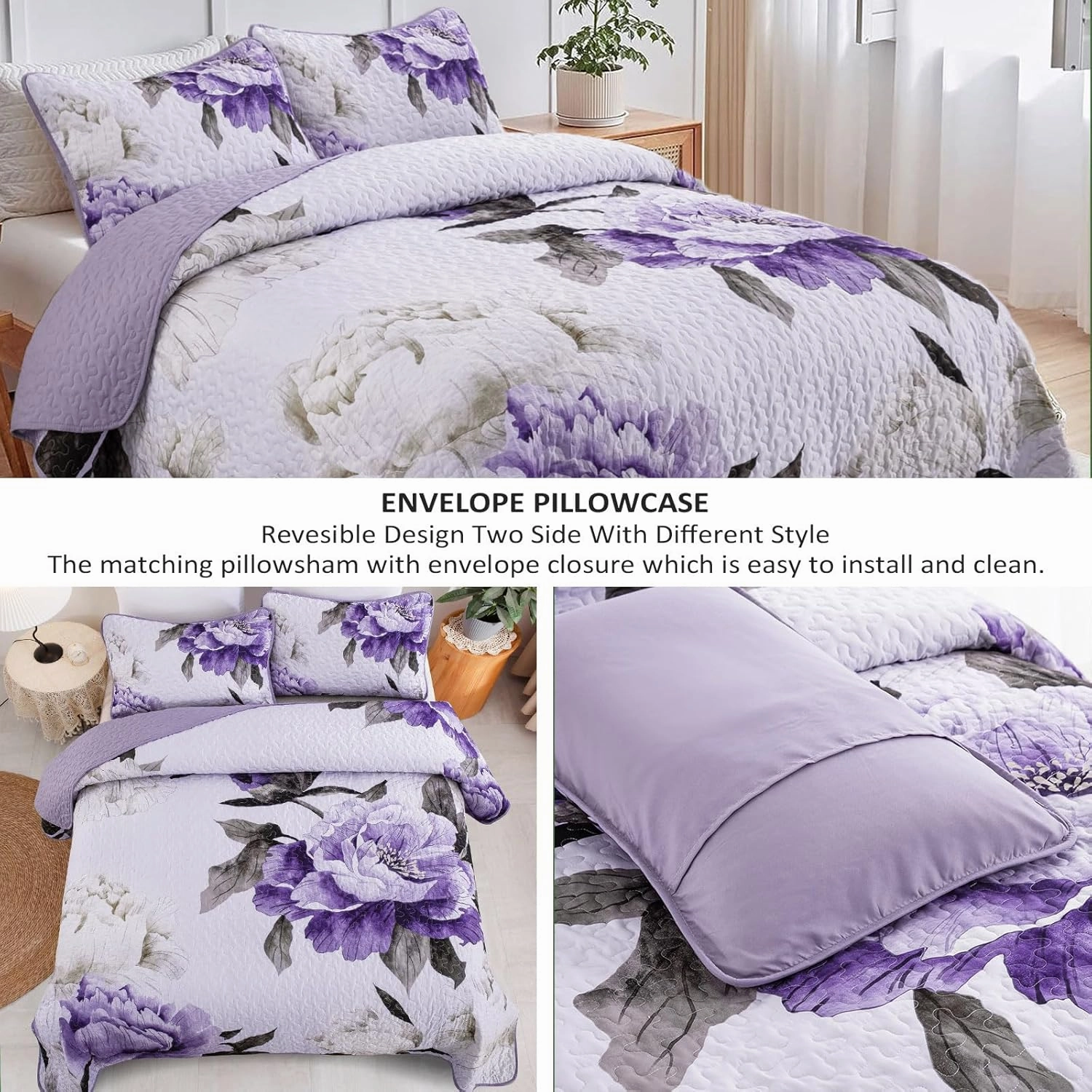 Mybedsoul Purple King Quilt 3 Pieces Boho Plaid Floral Quilts Set Patchwork Reversible Bedspread Coverlet Set Soft Microfiber Lightweight Bedding Set for All-Season(1 Quilt  2 Pillow Shams)