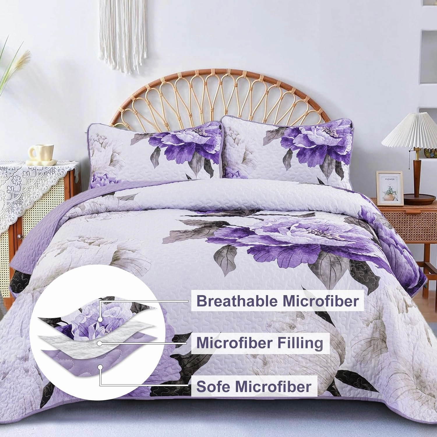 Mybedsoul Purple King Quilt 3 Pieces Boho Plaid Floral Quilts Set Patchwork Reversible Bedspread Coverlet Set Soft Microfiber Lightweight Bedding Set for All-Season(1 Quilt  2 Pillow Shams)