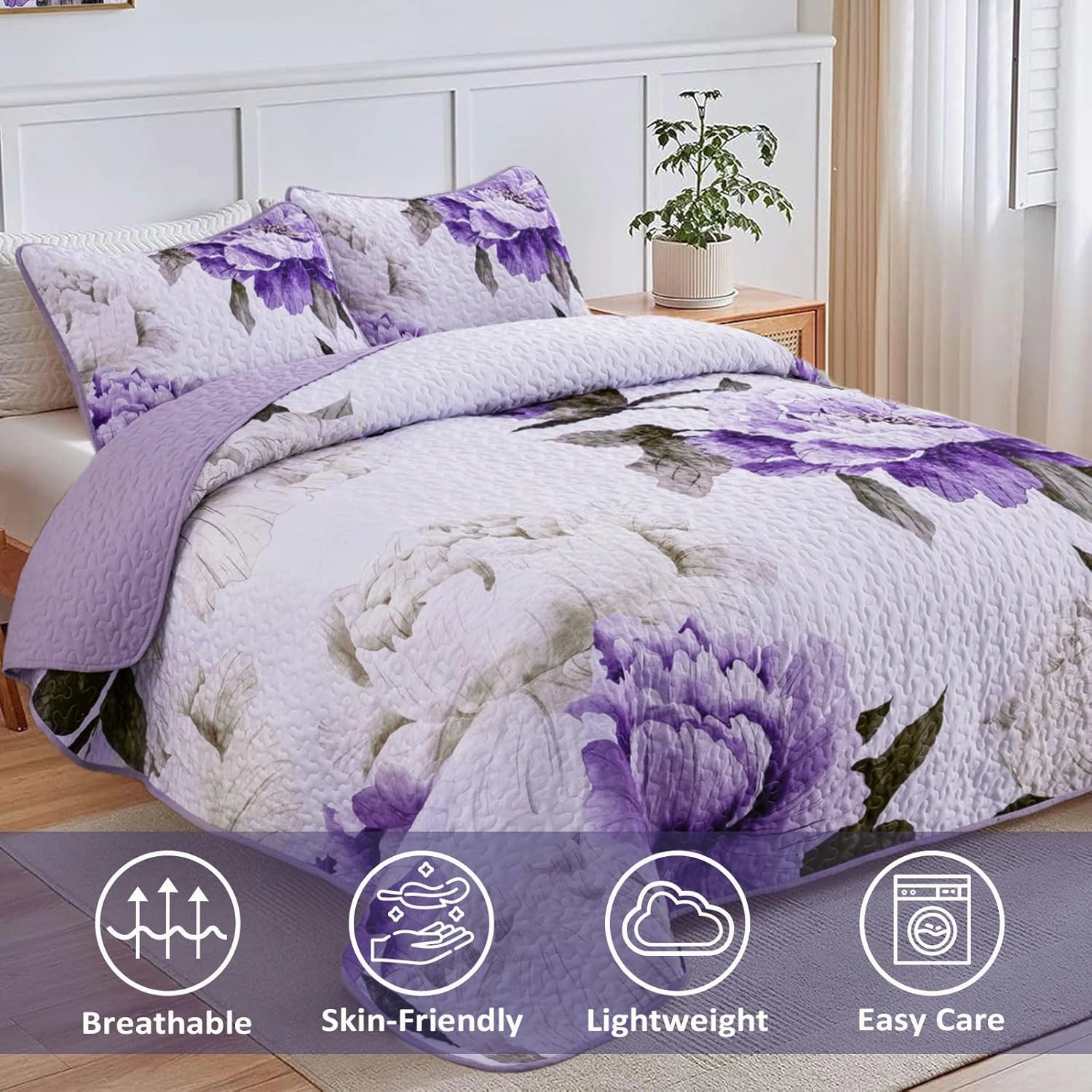 Mybedsoul Purple King Quilt 3 Pieces Boho Plaid Floral Quilts Set Patchwork Reversible Bedspread Coverlet Set Soft Microfiber Lightweight Bedding Set for All-Season(1 Quilt  2 Pillow Shams)