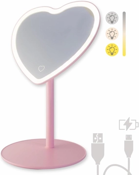 MYKALA Heart Mirror with Lights for Makeup Desk - Rechargeable Pink Shaped Mirror for Room Decor - Aesthetic for Beauty Routine