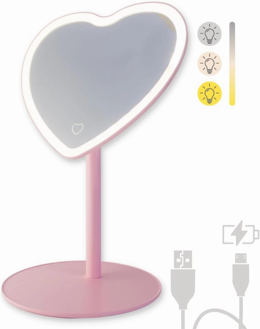 MYKALA Heart Mirror with Lights for Makeup Desk - Rechargeable Pink Shaped Mirror for Room Decor - Aesthetic for Beauty Routine