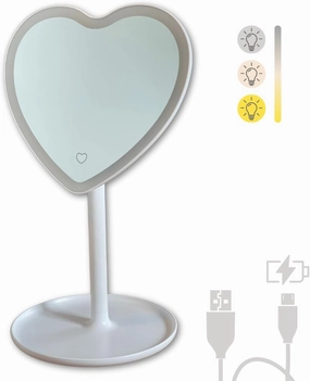 MYKALA White Heart Mirror with Lights and Storage Tray. Rechargeable Heart Shaped Mirror for White Room Decor. Aesthetic White Mirror for Makeup
