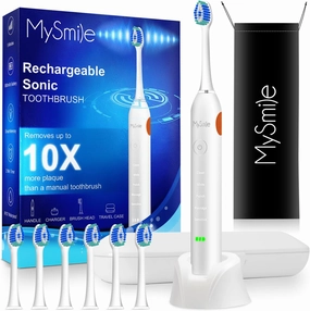 MySmile Electric Toothbrush for Adults, Rechargeable Sonic Electronic Toothbrush with 6 Brush Heads and Travel Case, 2 Mins 5 Modes Smart Timer, 48000VPM (White)
