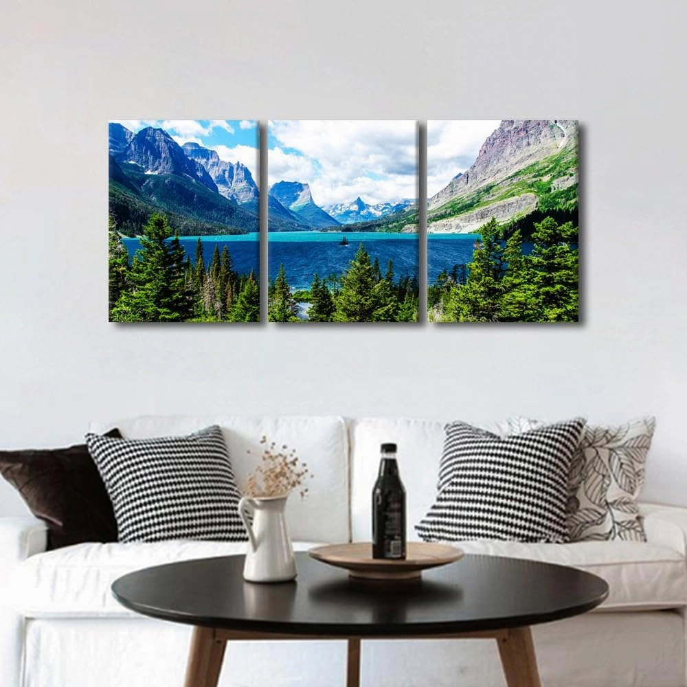 National Park Landscape Posters for Bedroom Island Wall Art Canvas Print St. Mary's Lake Around Mountain in Glacier Canvas Wall Art for Living Room Modern Painting 3 Piece, 36" Wx16 H