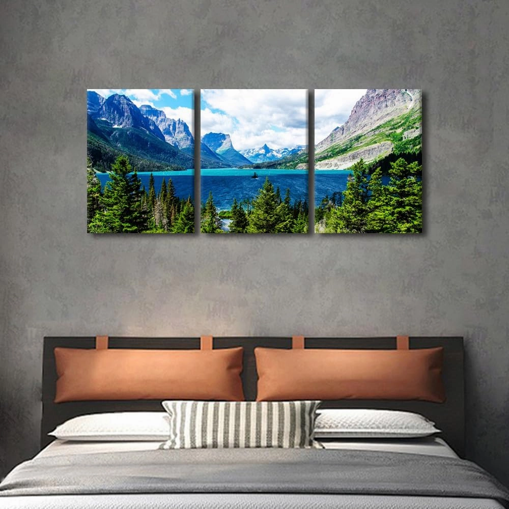 National Park Landscape Posters for Bedroom Island Wall Art Canvas Print St. Mary's Lake Around Mountain in Glacier Canvas Wall Art for Living Room Modern Painting 3 Piece, 36" Wx16 H