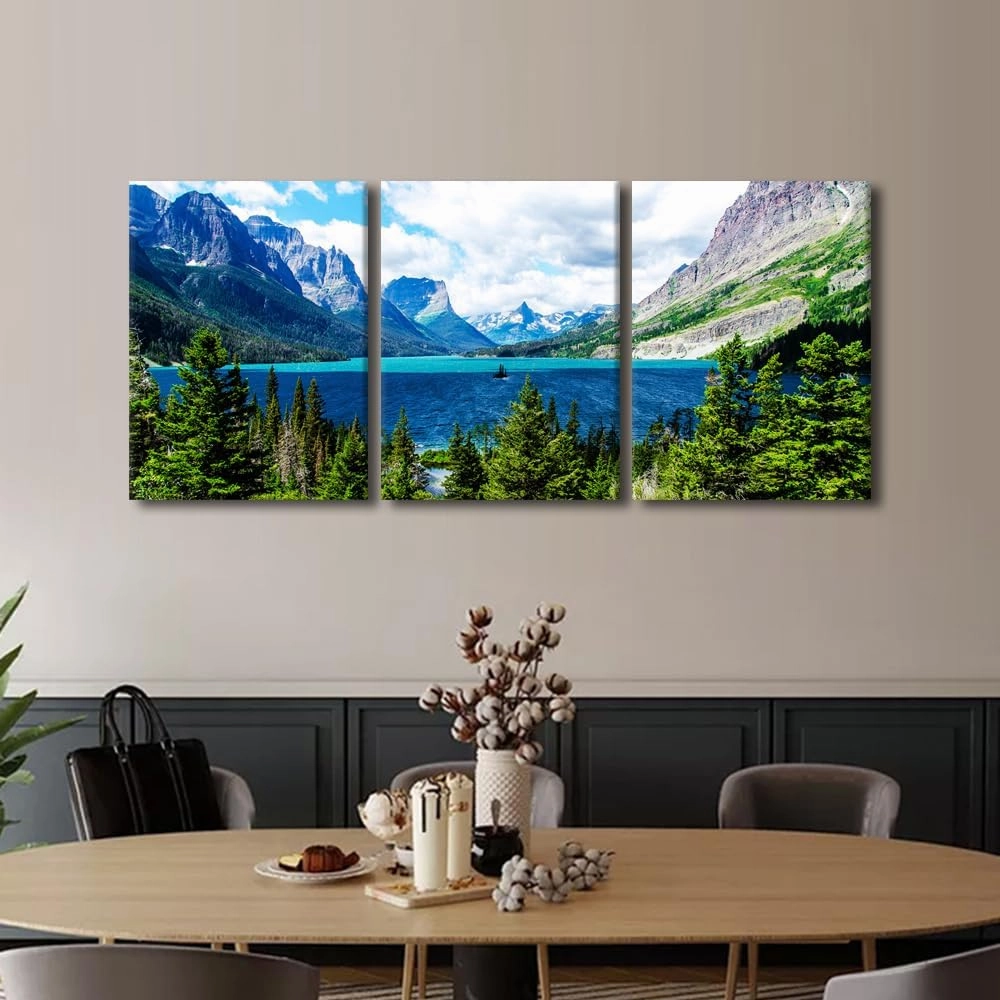 National Park Landscape Posters for Bedroom Island Wall Art Canvas Print St. Mary's Lake Around Mountain in Glacier Canvas Wall Art for Living Room Modern Painting 3 Piece, 36" Wx16 H