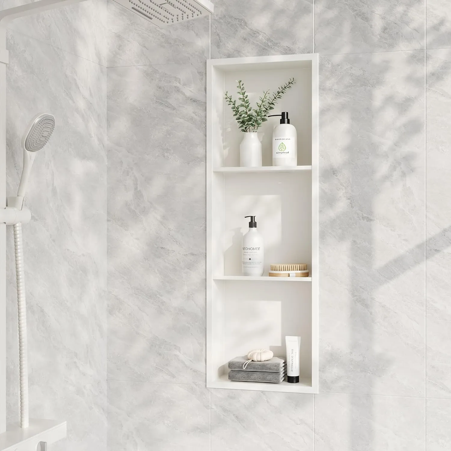 Neodrain 12X36 Inch Shower Niche, White 3-Tier Stainless Niche NO Tile Needed Recessed Niche Shower for Bathroom Storage, Waterproof Wall Niche