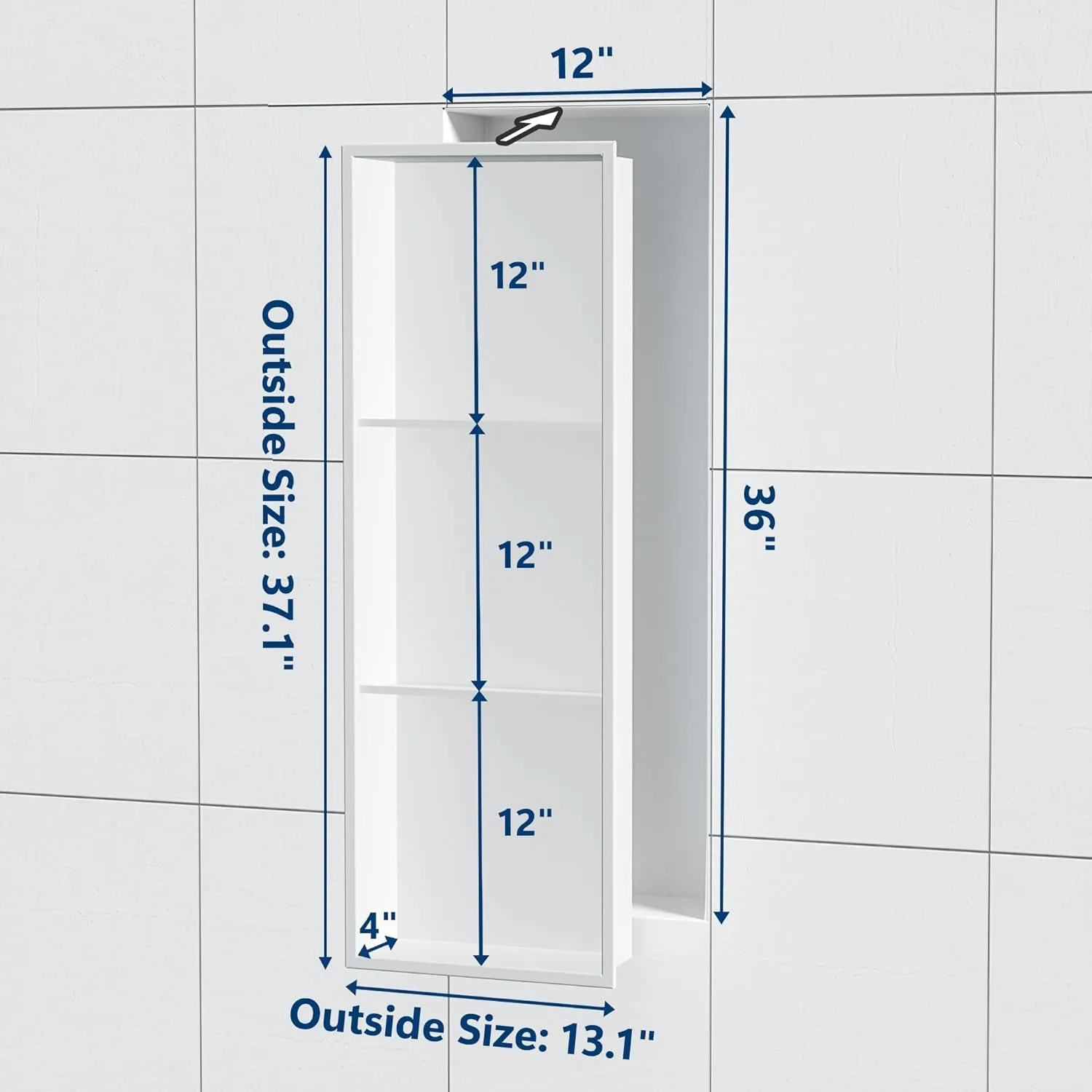 Neodrain 12X36 Inch Shower Niche, White 3-Tier Stainless Niche NO Tile Needed Recessed Niche Shower for Bathroom Storage, Waterproof Wall Niche