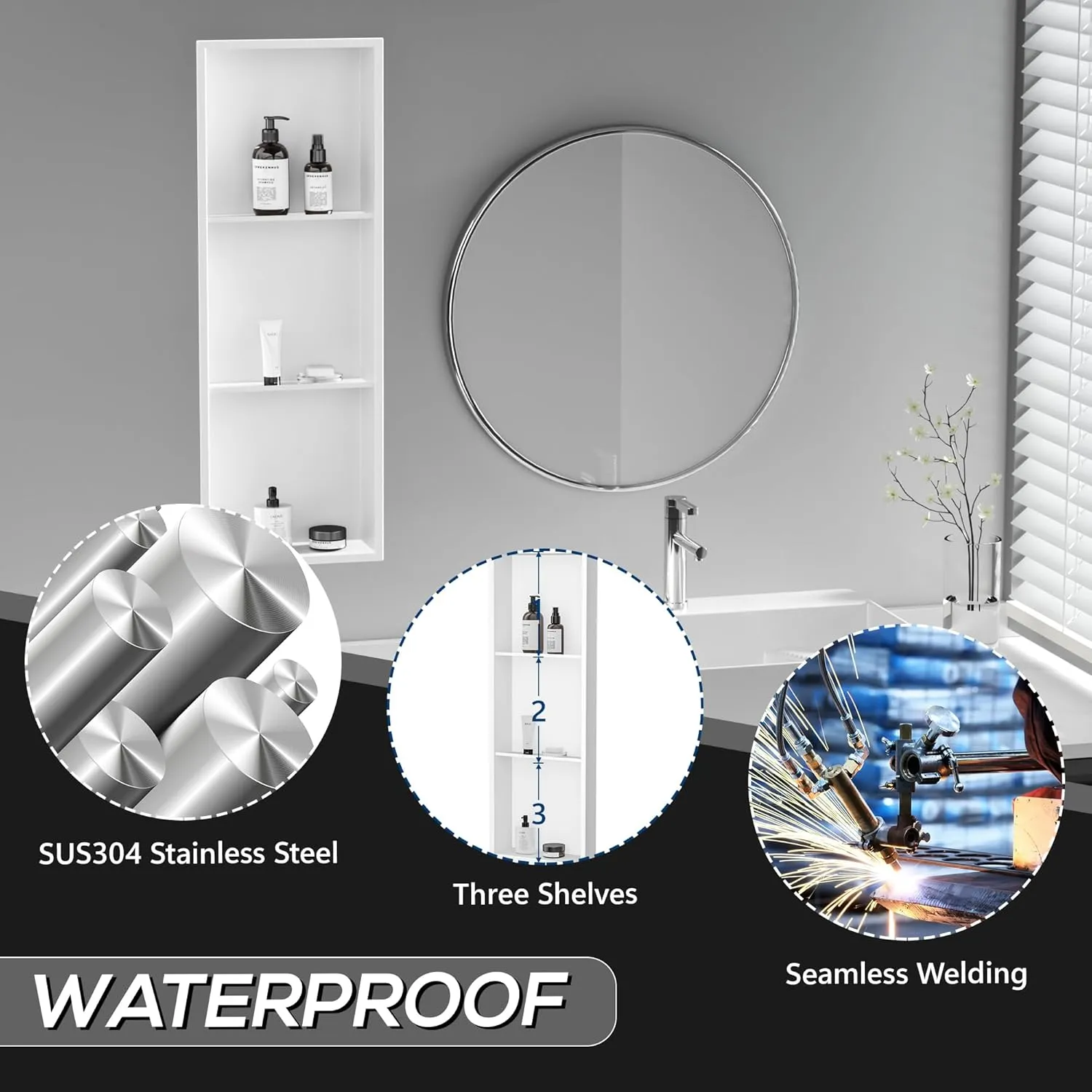 Neodrain 12X36 Inch Shower Niche, White 3-Tier Stainless Niche NO Tile Needed Recessed Niche Shower for Bathroom Storage, Waterproof Wall Niche