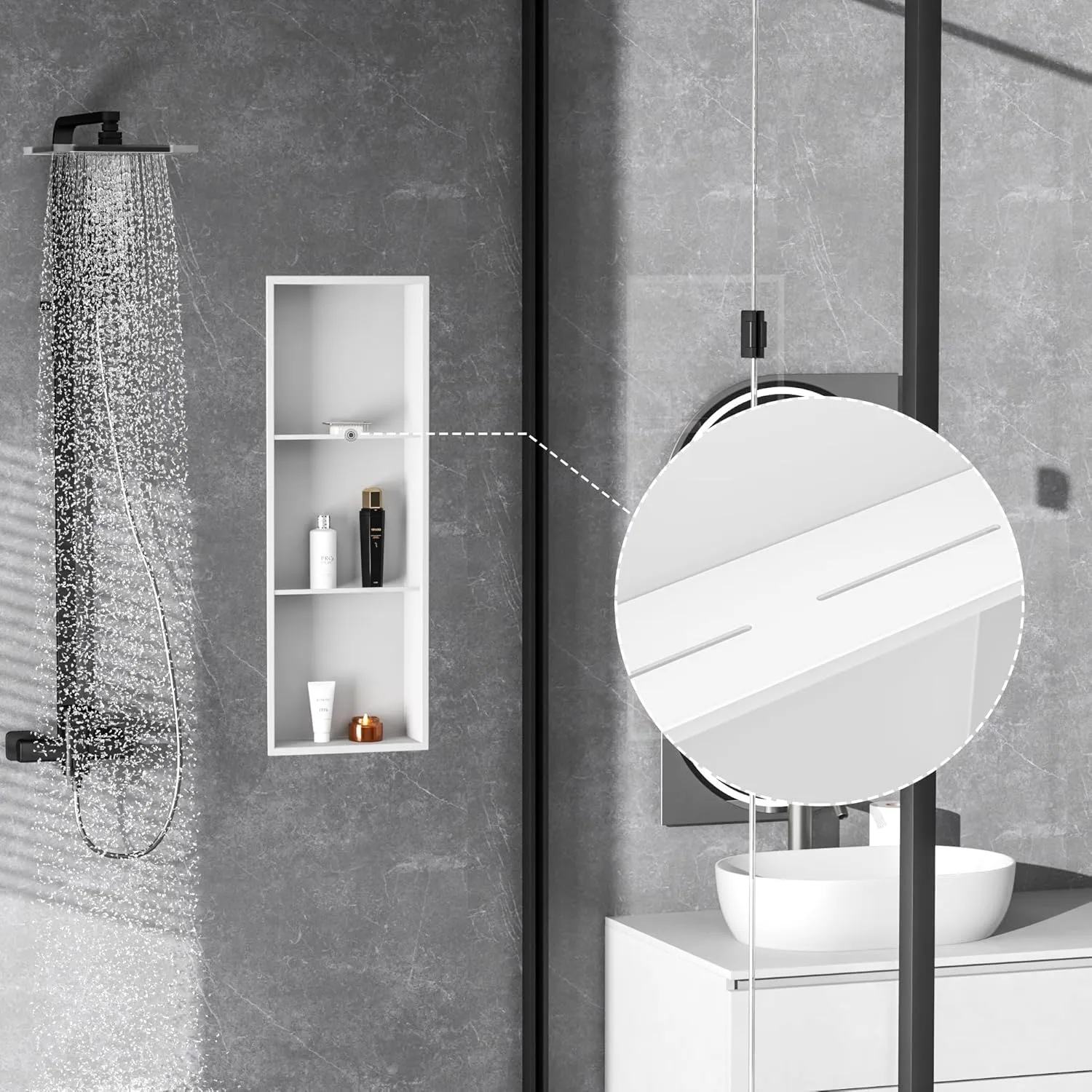 Neodrain 12X36 Inch Shower Niche, White 3-Tier Stainless Niche NO Tile Needed Recessed Niche Shower for Bathroom Storage, Waterproof Wall Niche