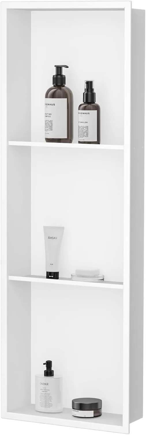 Neodrain 12X36 Inch Shower Niche, White 3-Tier Stainless Niche NO Tile Needed Recessed Niche Shower for Bathroom Storage, Waterproof Wall Niche