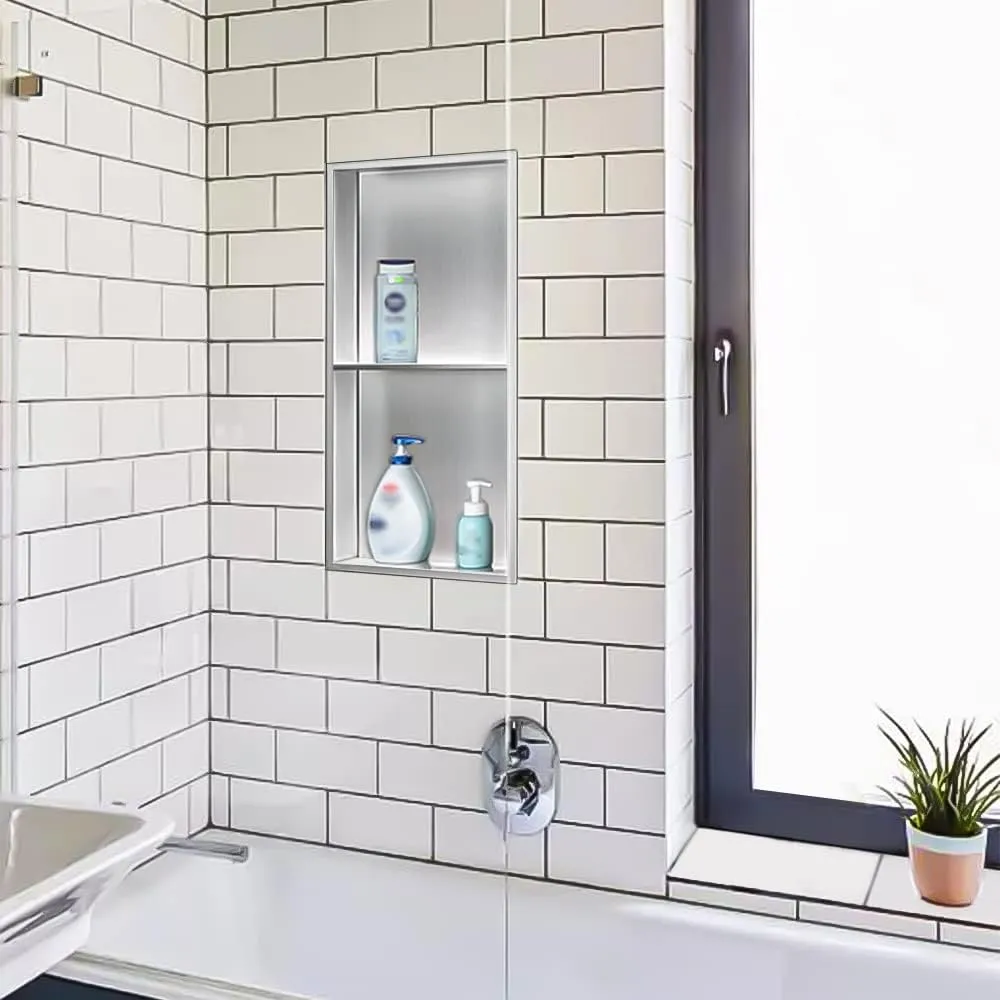 Neodrain No Tile Shower Niche, Stainless Steel Wall Niche 13.1"X25.1"(Inner Size 12"X24"), Two-Tier Bathroom Shelf Waterproof Cubby, NO Tile Needed Recessed Cabinet for Bathroom Storage