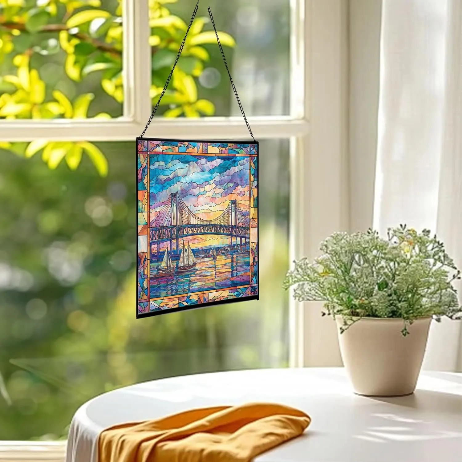 Newport-News-Bridge Stained Glass Suncatcher – Square Hanging Window Panel for Home or Office – Iconic Landmark Glass Art Gift for Architecture, Travel Lovers, Christmas dDErNw