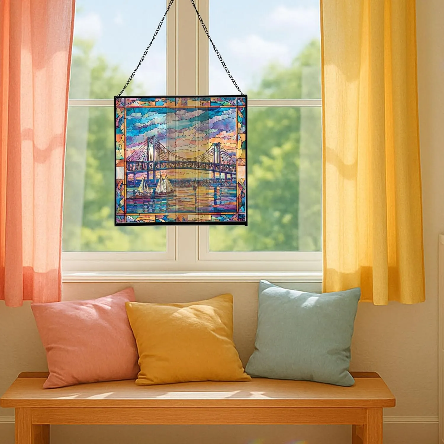 Newport-News-Bridge Stained Glass Suncatcher – Square Hanging Window Panel for Home or Office – Iconic Landmark Glass Art Gift for Architecture, Travel Lovers, Christmas dDErNw
