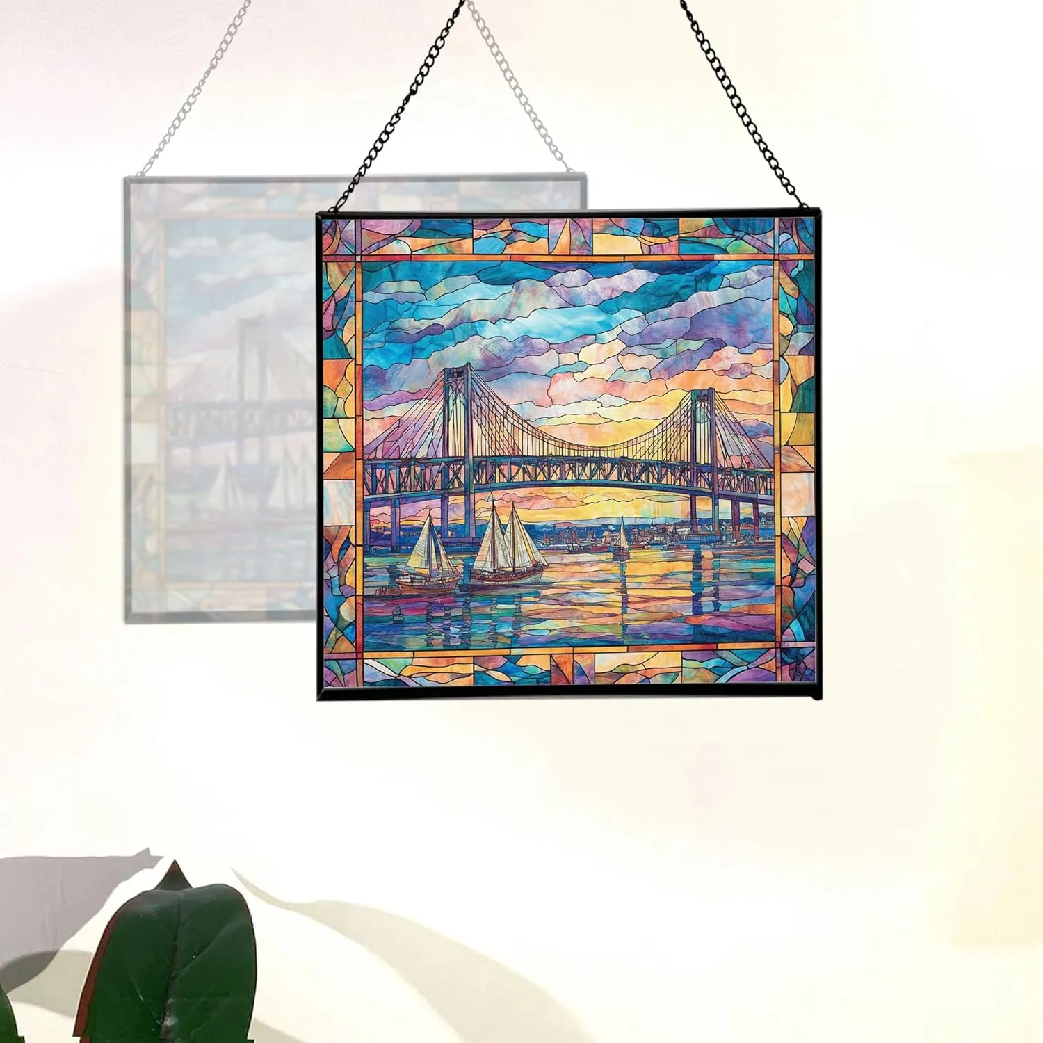 Newport-News-Bridge Stained Glass Suncatcher – Square Hanging Window Panel for Home or Office – Iconic Landmark Glass Art Gift for Architecture, Travel Lovers, Christmas dDErNw