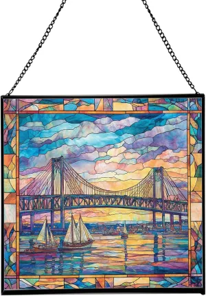 Newport-News-Bridge Stained Glass Suncatcher – Square Hanging Window Panel for Home or Office – Iconic Landmark Glass Art Gift for Architecture, Travel Lovers, Christmas dDErNw