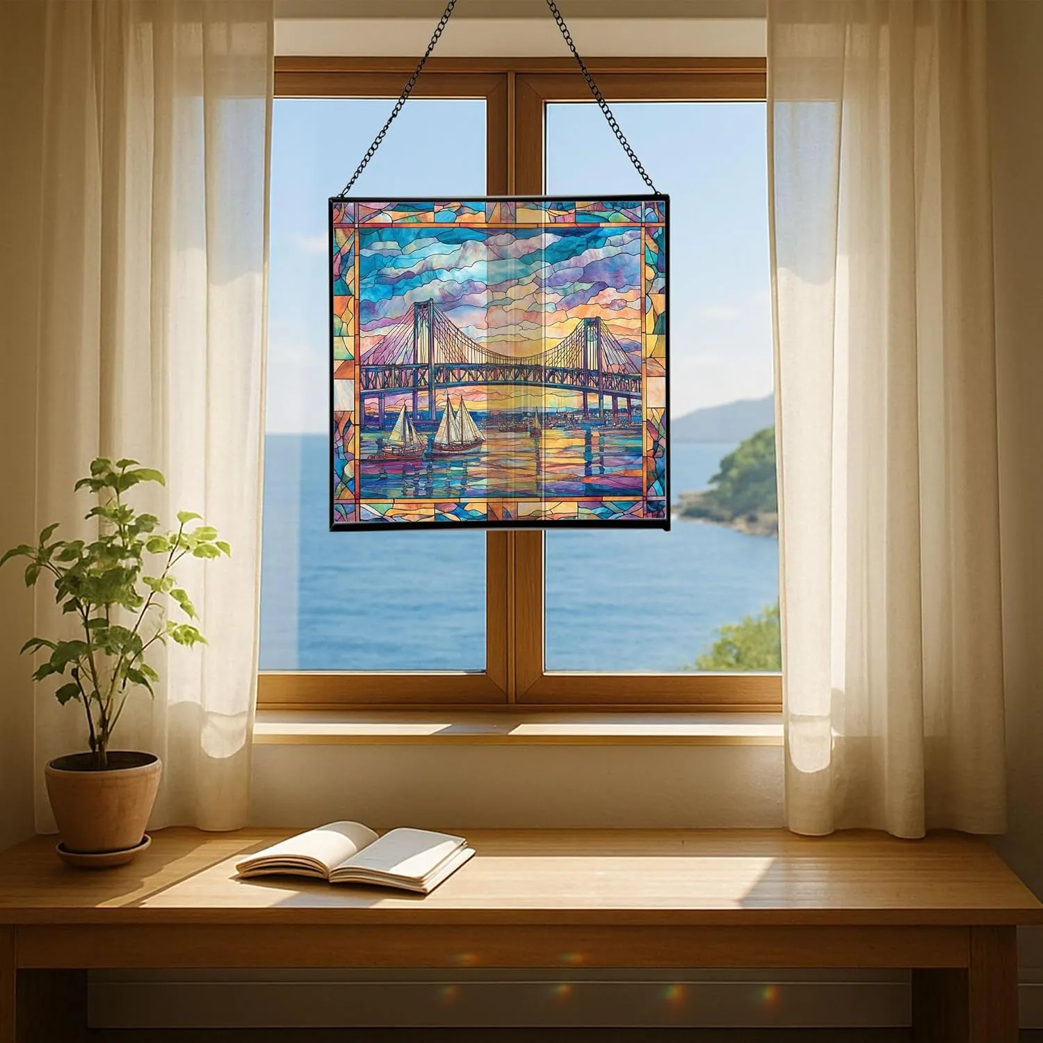 Newport-News-Bridge Stained Glass Suncatcher – Square Hanging Window Panel for Home or Office – Iconic Landmark Glass Art Gift for Architecture, Travel Lovers, Christmas dDErNw