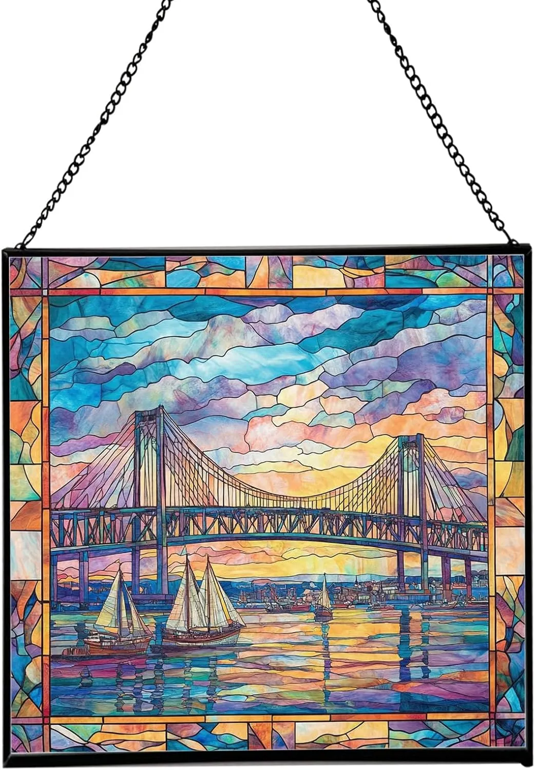 Newport-News-Bridge Stained Glass Suncatcher – Square Hanging Window Panel for Home or Office – Iconic Landmark Glass Art Gift for Architecture, Travel Lovers, Christmas dDErNw