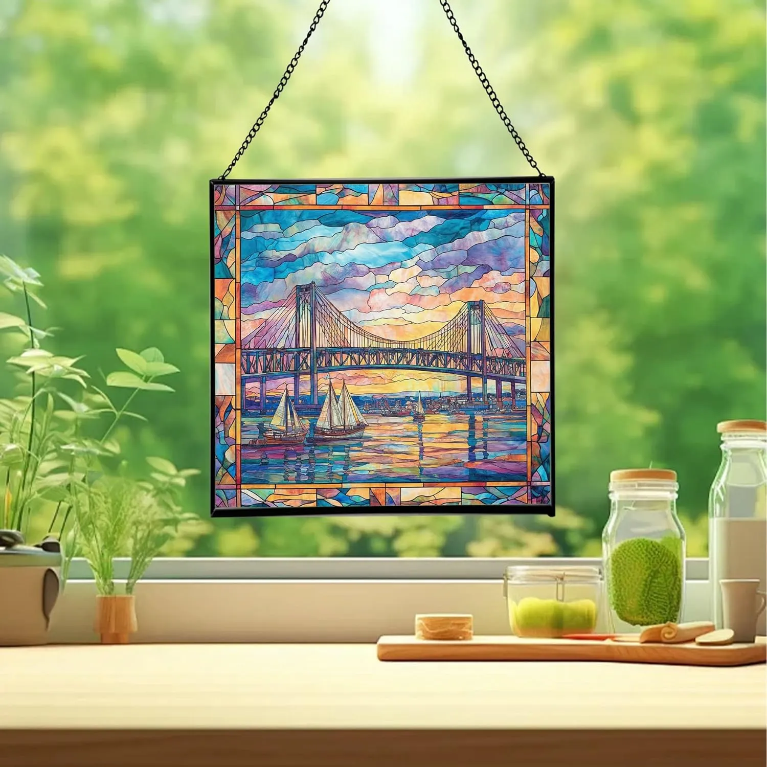 Newport-News-Bridge Stained Glass Suncatcher – Square Hanging Window Panel for Home or Office – Iconic Landmark Glass Art Gift for Architecture, Travel Lovers, Christmas dDErNw