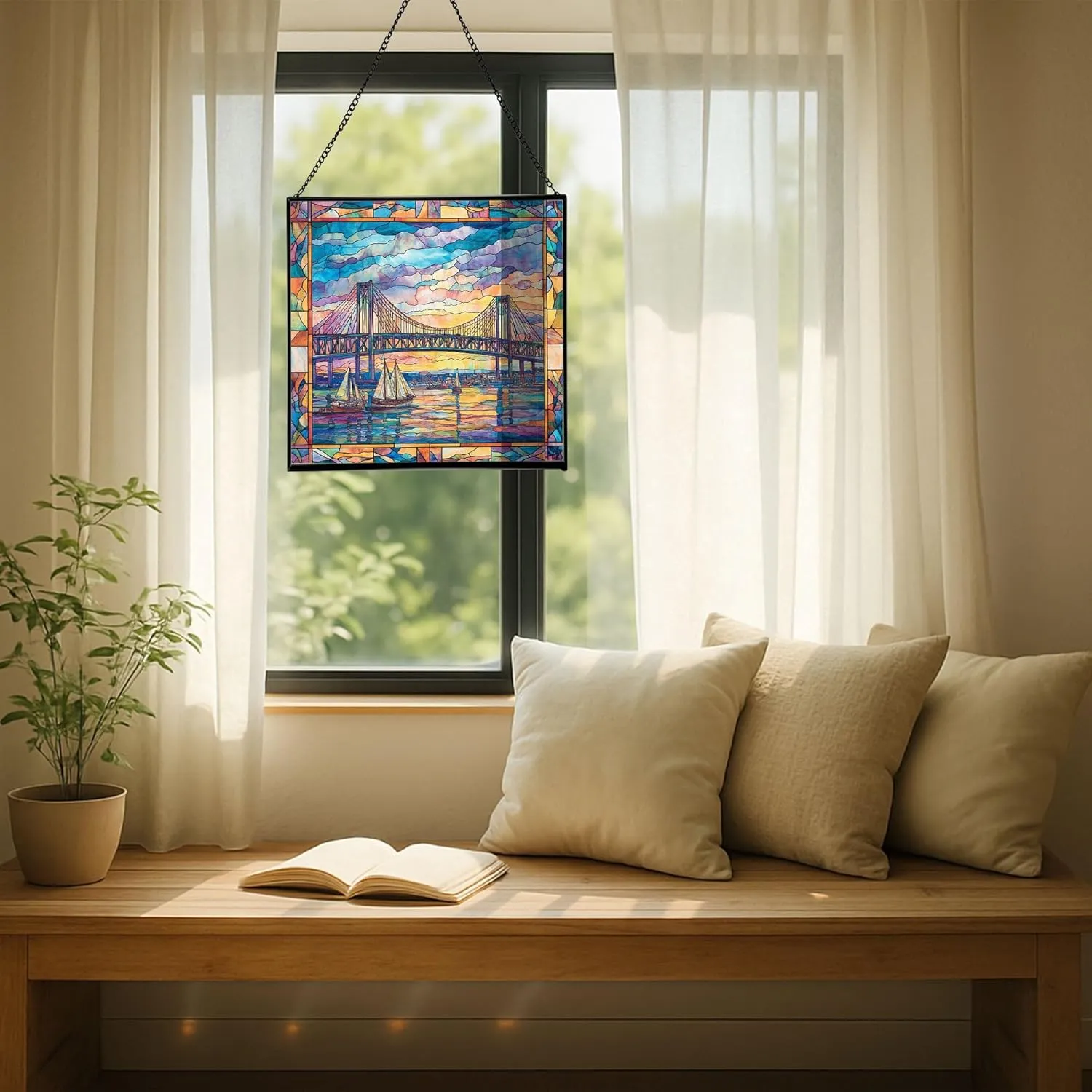 Newport-News-Bridge Stained Glass Suncatcher – Square Hanging Window Panel for Home or Office – Iconic Landmark Glass Art Gift for Architecture, Travel Lovers, Christmas dDErNw