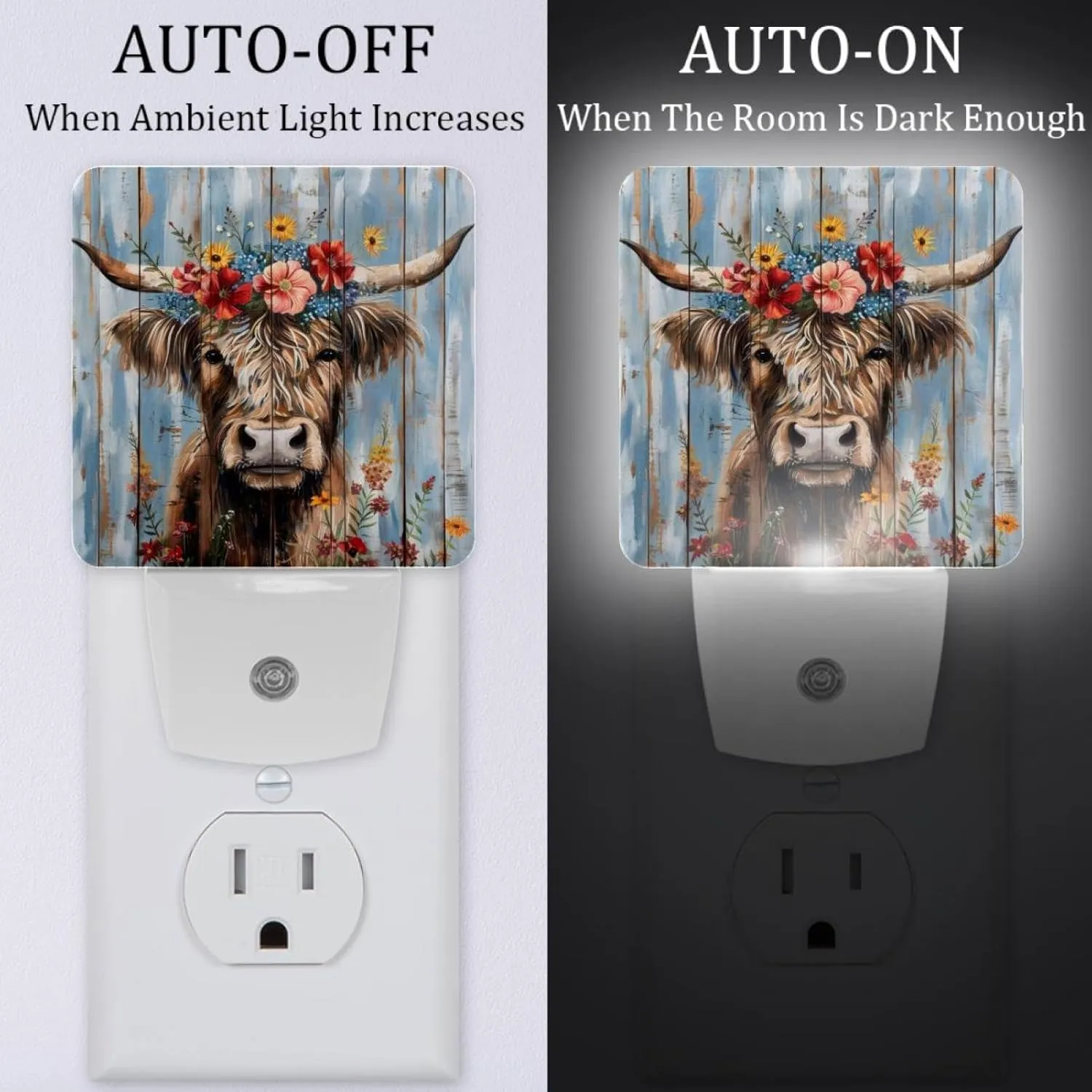 NEWzone Highland Cow Flower Rustic Night Light 0.5W, Plug in Night Lights for Boys Girls Led Night Light Dusk to Dawn Sensor Nightlight for Stairway/Hallway/Bedroom