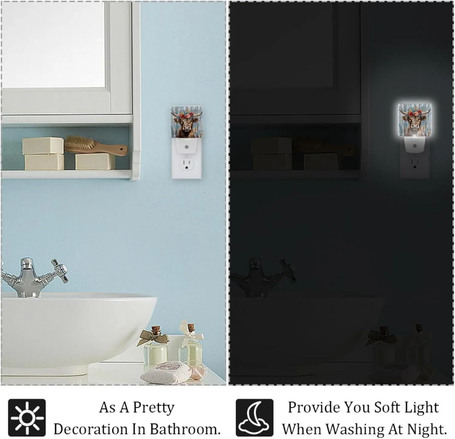 NEWzone Highland Cow Flower Rustic Night Light 0.5W, Plug in Night Lights for Boys Girls Led Night Light Dusk to Dawn Sensor Nightlight for Stairway/Hallway/Bedroom