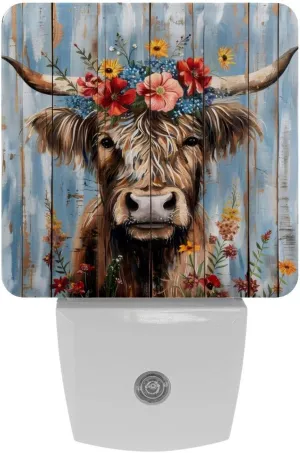 NEWzone Highland Cow Flower Rustic Night Light 0.5W, Plug in Night Lights for Boys Girls Led Night Light Dusk to Dawn Sensor Nightlight for Stairway/Hallway/Bedroom