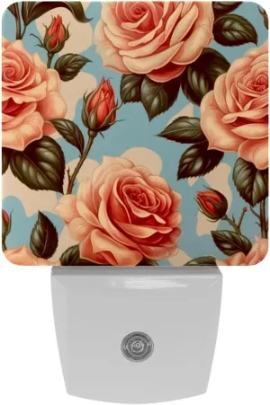 NEWzone Vintage Florals Rose Night Light Plug into Wall with Dusk to Dawn Light Sensors, Warm Nightlights for Bedroom, Bathroom, Hallway, Kitchen, Gifts Ideal for Girls Boys