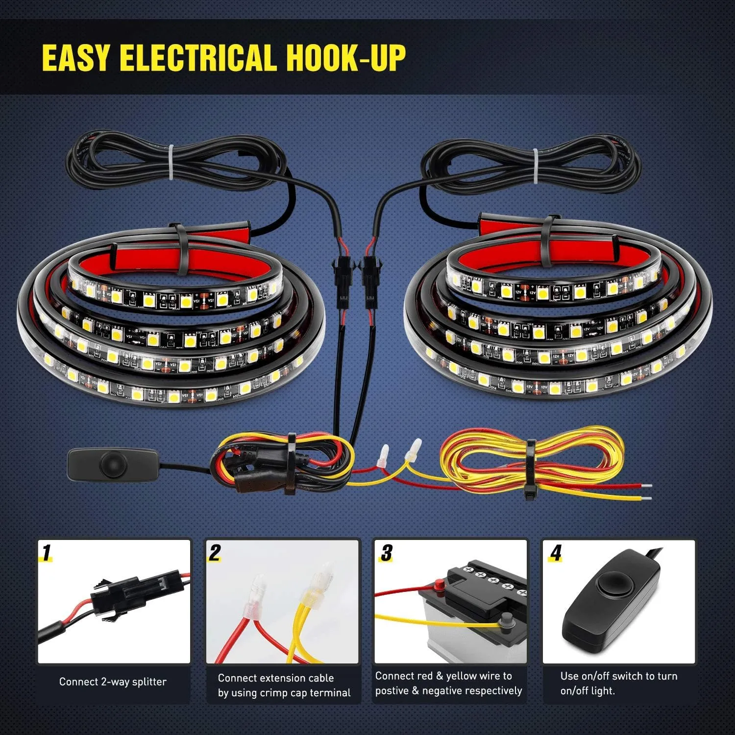 Nilight - TR-05 2PCS 60 Inch 180 LEDs Bed Strip Kit with Waterproof on/Off Switch Blade Fuse 2-Way Splitter Extension Cable for Cargo, Pickup Truck, SUV, RV, Boat , 2 Years Warranty