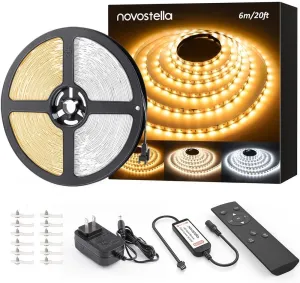 NOVOSTELLA 20ft Tunable White LED Strip Light Kit Dimmable 3000K-6500K 24V Tape Light with RF Remote Flexible Rope LED Ribbon for Bedroom Home Lighting Mirror Kitchen Bar Cabinet Daylight Warm White