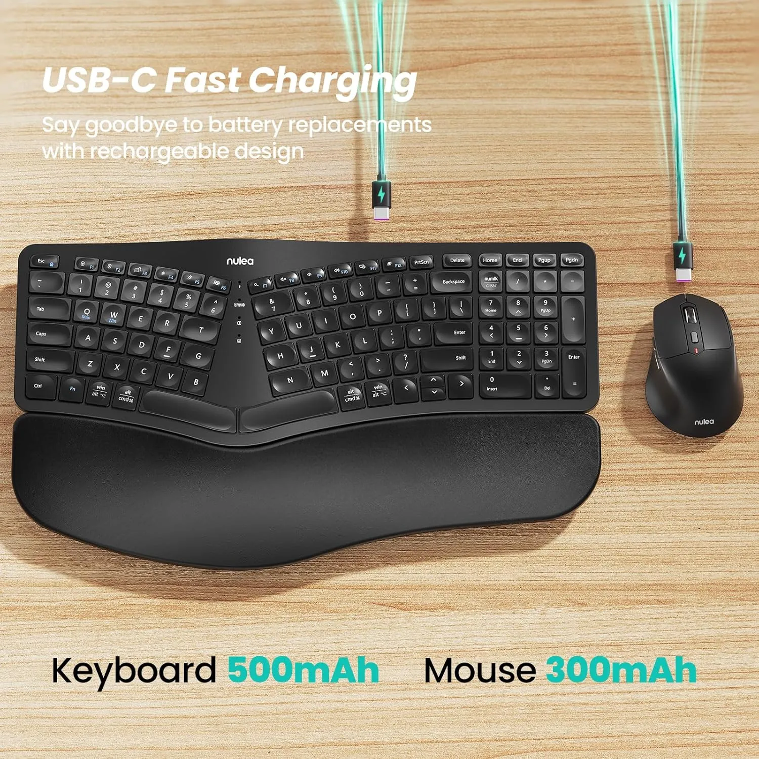 Nulea KM75 Advanced Ergonomic Wireless Keyboard and Mouse Combo, Comfortable Natural Typing, Palm Rest, Multi-Device (Bluetooth, 2.4G, Wired), Rechargeable, for Multi-OS, Windows, Mac, Android(Black)