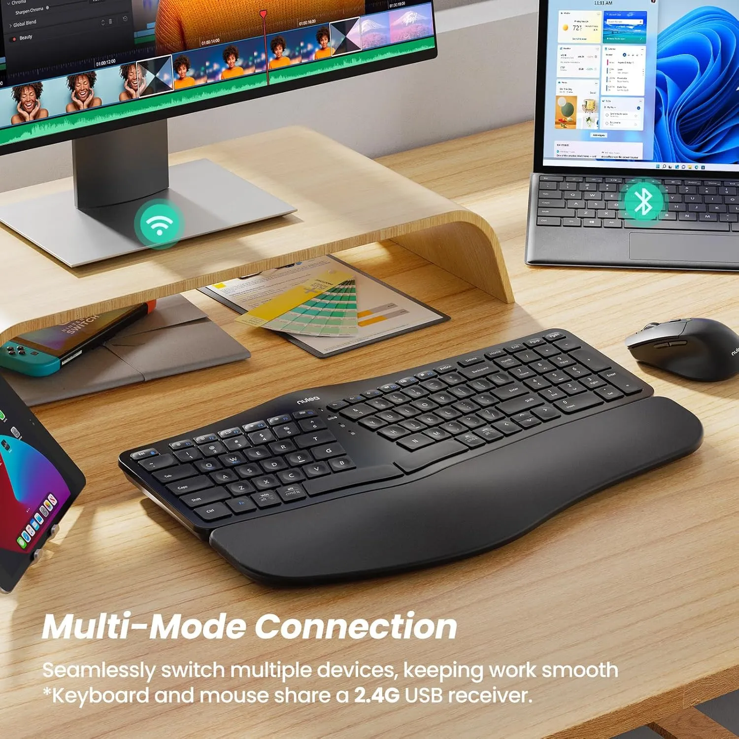 Nulea KM75 Advanced Ergonomic Wireless Keyboard and Mouse Combo, Comfortable Natural Typing, Palm Rest, Multi-Device (Bluetooth, 2.4G, Wired), Rechargeable, for Multi-OS, Windows, Mac, Android(Black)