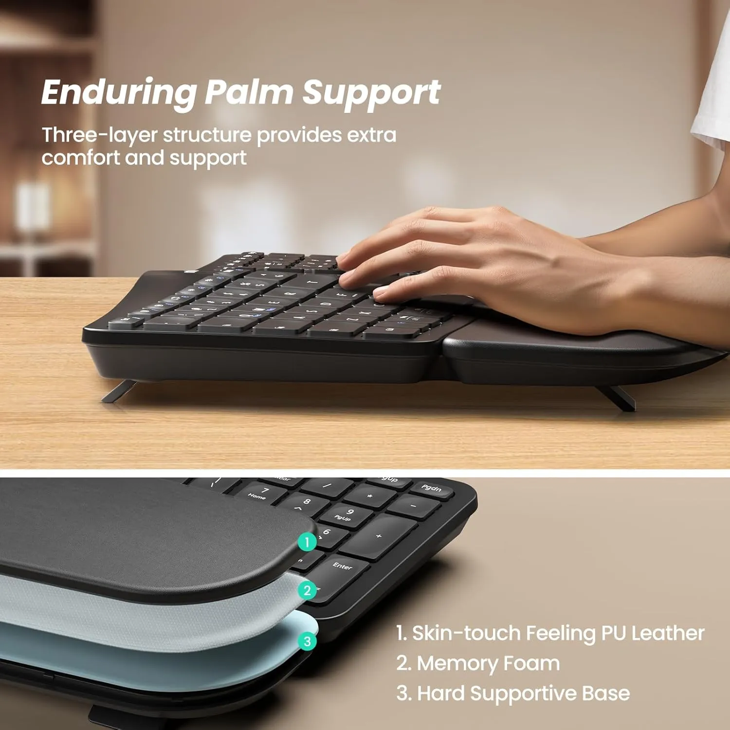 Nulea KM75 Advanced Ergonomic Wireless Keyboard and Mouse Combo, Comfortable Natural Typing, Palm Rest, Multi-Device (Bluetooth, 2.4G, Wired), Rechargeable, for Multi-OS, Windows, Mac, Android(Black)