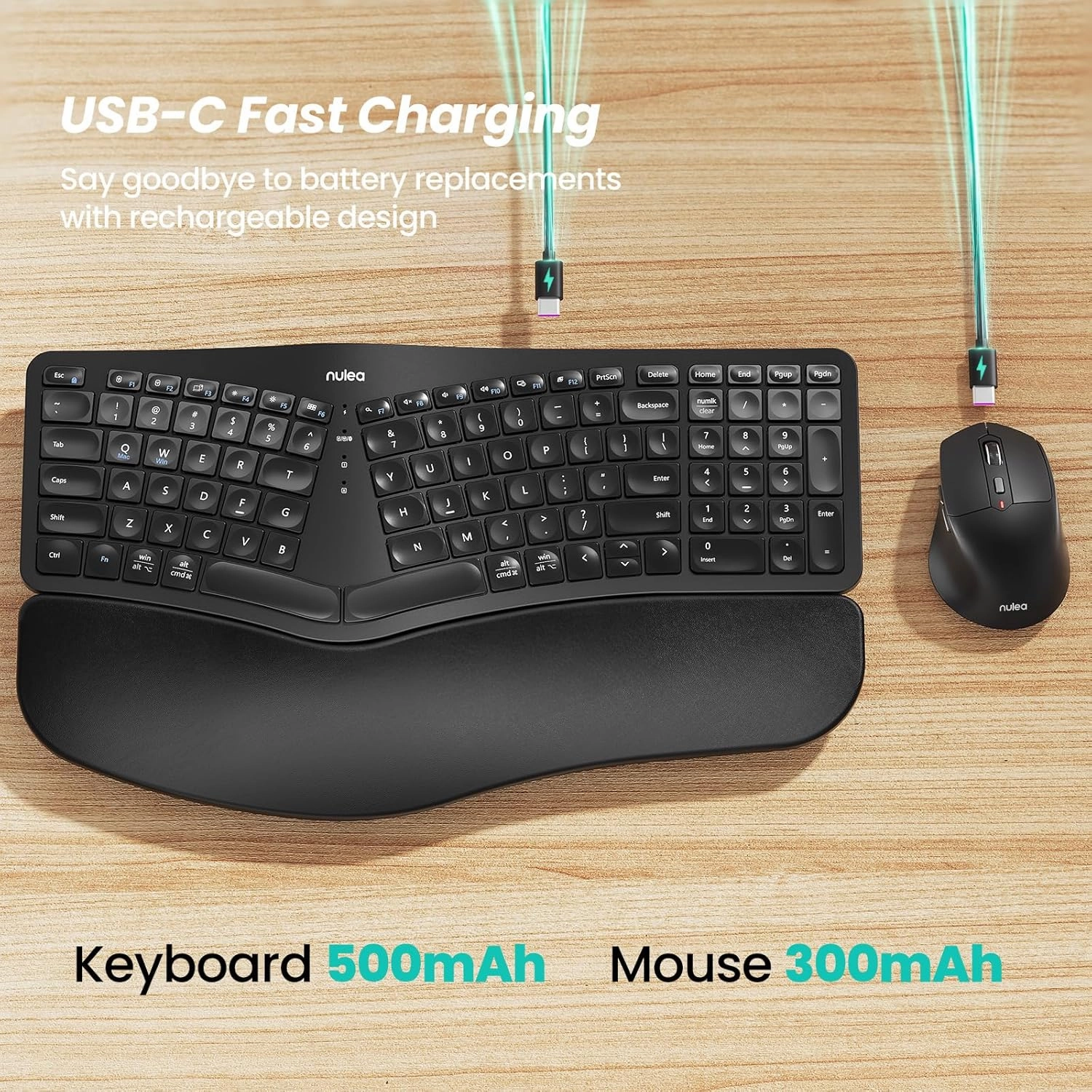 Nulea KM75 Advanced Ergonomic Wireless Keyboard and Mouse Combo, Comfortable Natural Typing, Palm Rest, Multi-Device (Bluetooth, 2.4G, Wired), Rechargeable, for Multi-OS, Windows, Mac, Android(Black)