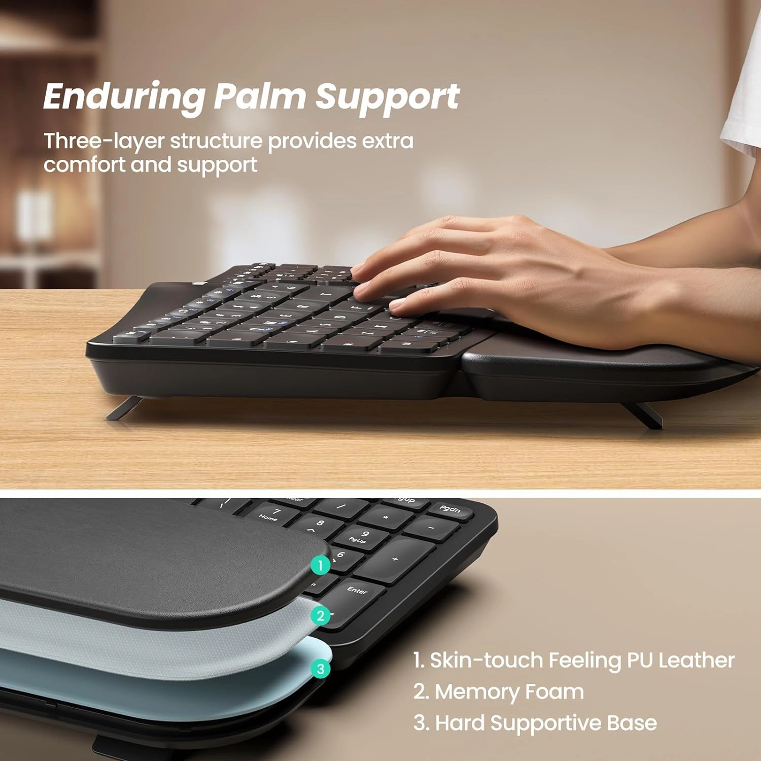 Nulea KM75 Advanced Ergonomic Wireless Keyboard and Mouse Combo, Comfortable Natural Typing, Palm Rest, Multi-Device (Bluetooth, 2.4G, Wired), Rechargeable, for Multi-OS, Windows, Mac, Android(Black)