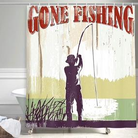 NYMB Nautical Vintage Gone Fishing Shower Curtain, Camping Man Fishing at Lakeside Lodge on Retro Wooden Fabric Shower Curtains, Polyester Bathroom Accessories Bath Curtain 12PCS Hooks, 69X70in