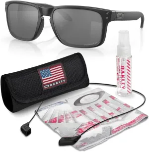 Oakley OO9102 HOLBROOK Square Sunglasses for Men - High Bridge Fit - USA Flag Cleaning Kit and Leash - PREMIUM BUNDLE