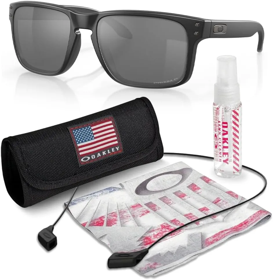 Oakley OO9102 HOLBROOK Square Sunglasses for Men - High Bridge Fit - USA Flag Cleaning Kit and Leash - PREMIUM BUNDLE