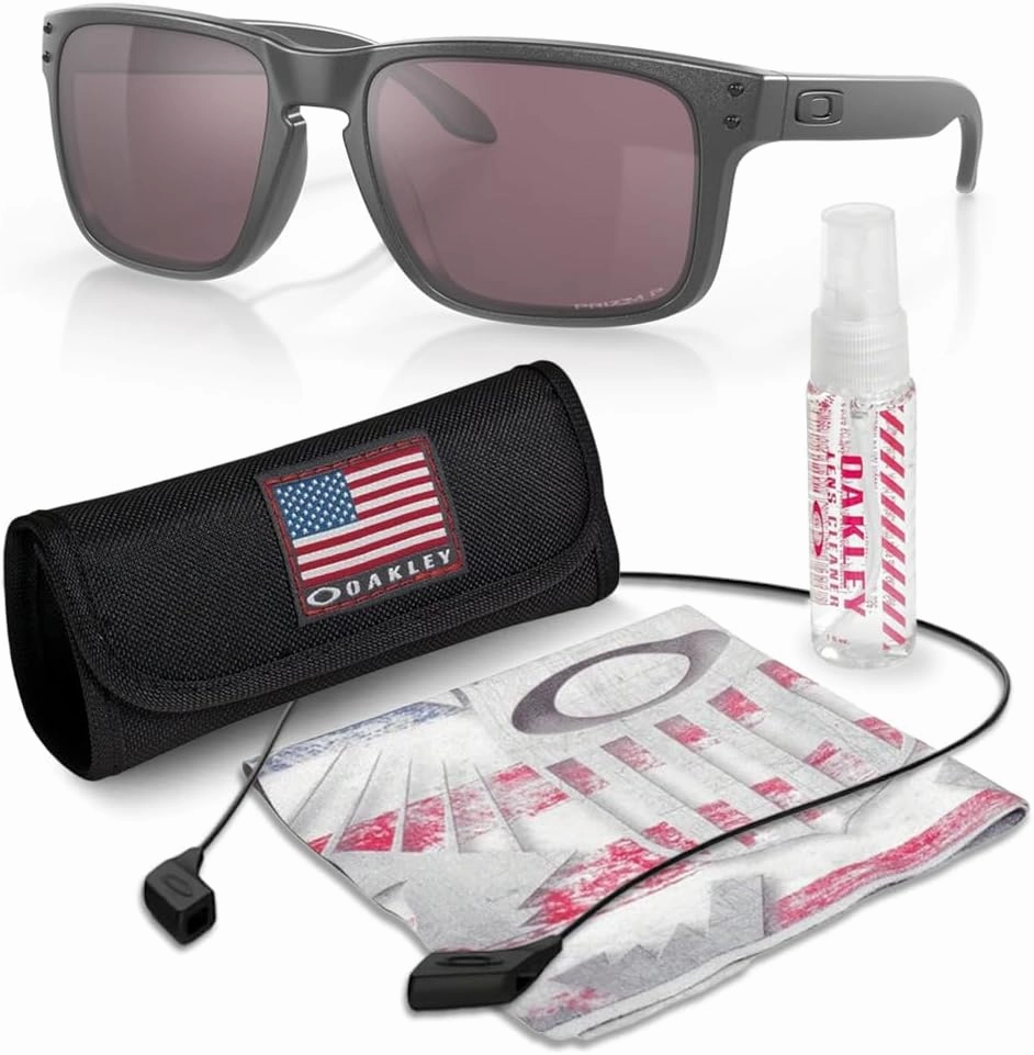 Oakley OO9102 HOLBROOK Square Sunglasses for Men - High Bridge Fit - USA Flag Cleaning Kit and Leash - PREMIUM BUNDLE