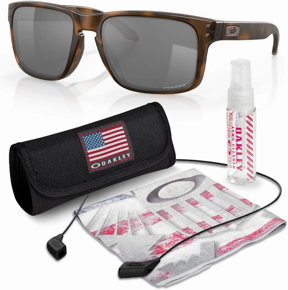 Oakley OO9102 HOLBROOK Square Sunglasses for Men - High Bridge Fit - USA Flag Cleaning Kit and Leash - PREMIUM BUNDLE